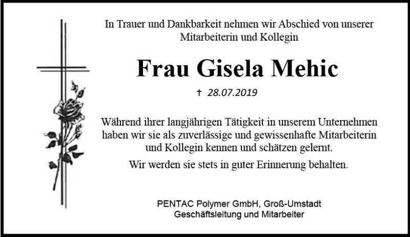  Traueranzeige für Gisela Mehic vom 14.08.2019 aus vrm-trauer
