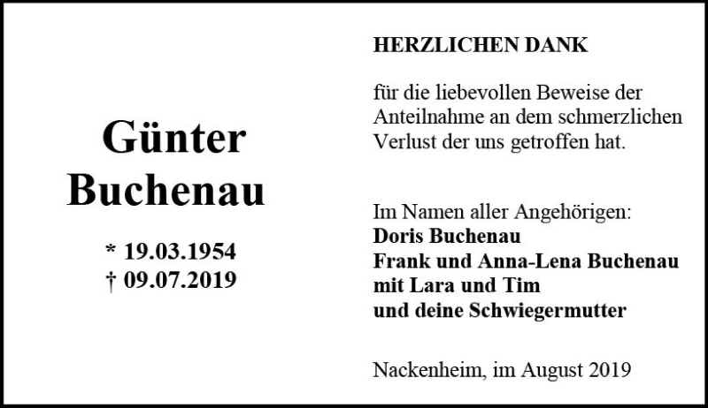  Traueranzeige für Günter Buchenau vom 17.08.2019 aus vrm-trauer
