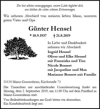 Traueranzeige von Günter Hensel von vrm-trauer