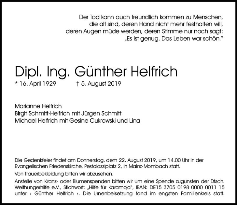 Traueranzeige für Günther Helfrich vom 17.08.2019 aus vrm-trauer