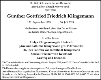 Traueranzeige von Günther Gottfried Friedrich Klingemann von vrm-trauer
