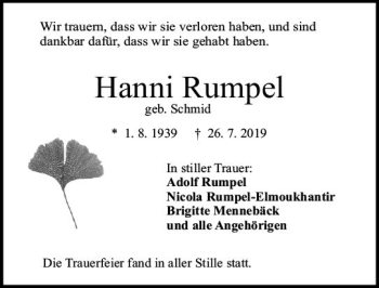 Traueranzeige von Hanni Rumpel von vrm-trauer