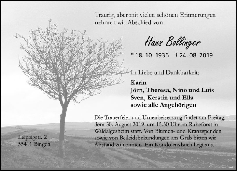  Traueranzeige für Hans Bollinger vom 28.08.2019 aus vrm-trauer