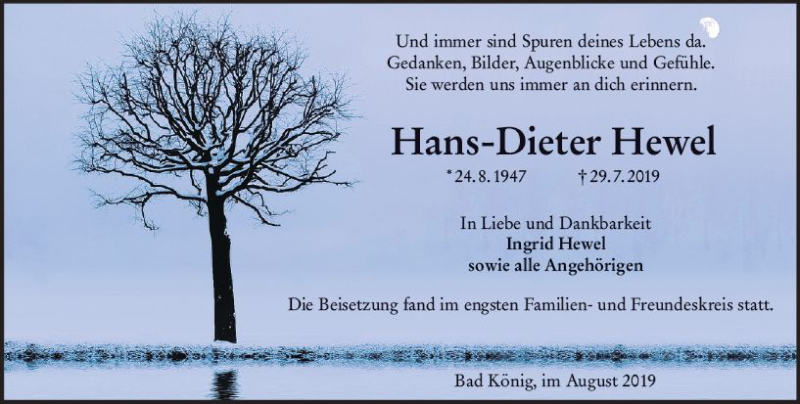  Traueranzeige für Hans-Dieter Hewel vom 17.08.2019 aus vrm-trauer
