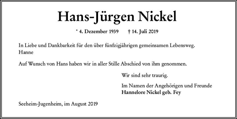  Traueranzeige für Hans-Jürgen Nickel vom 03.08.2019 aus vrm-trauer