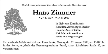 Traueranzeige von Hans Zimmer von vrm-trauer