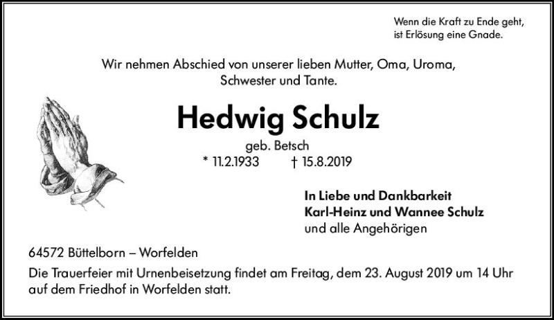  Traueranzeige für Hedwig Schulz vom 21.08.2019 aus vrm-trauer