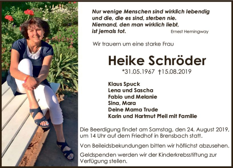 Traueranzeige für Heike Schröder vom 21.08.2019 aus vrm-trauer