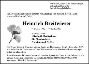 Traueranzeige von Heinrich Breitwieser von vrm-trauer