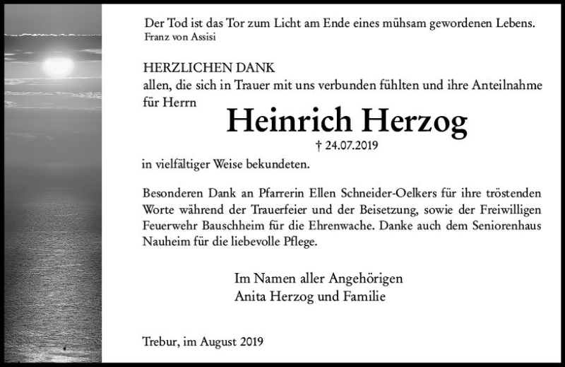  Traueranzeige für Heinrich Herzog vom 24.08.2019 aus vrm-trauer