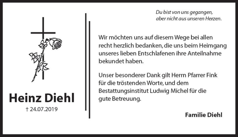  Traueranzeige für Heinz Diehl vom 17.08.2019 aus vrm-trauer