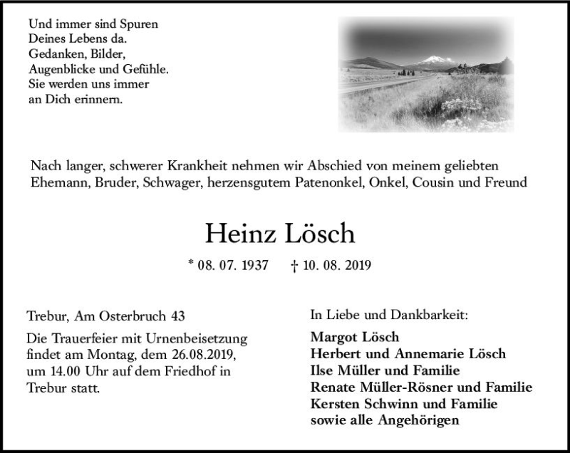  Traueranzeige für Heinz Lösch vom 19.08.2019 aus vrm-trauer