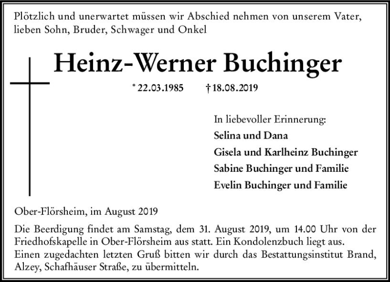  Traueranzeige für Heinz-Werner Buchinger vom 24.08.2019 aus vrm-trauer