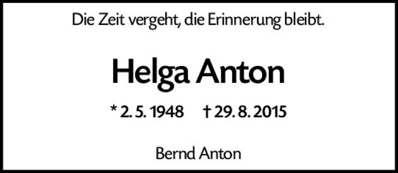  Traueranzeige für Helga Anton vom 29.08.2019 aus vrm-trauer