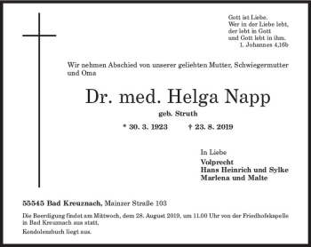 Traueranzeige von Helga Napp von vrm-trauer