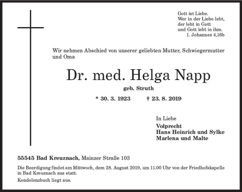  Traueranzeige für Helga Napp vom 27.08.2019 aus vrm-trauer