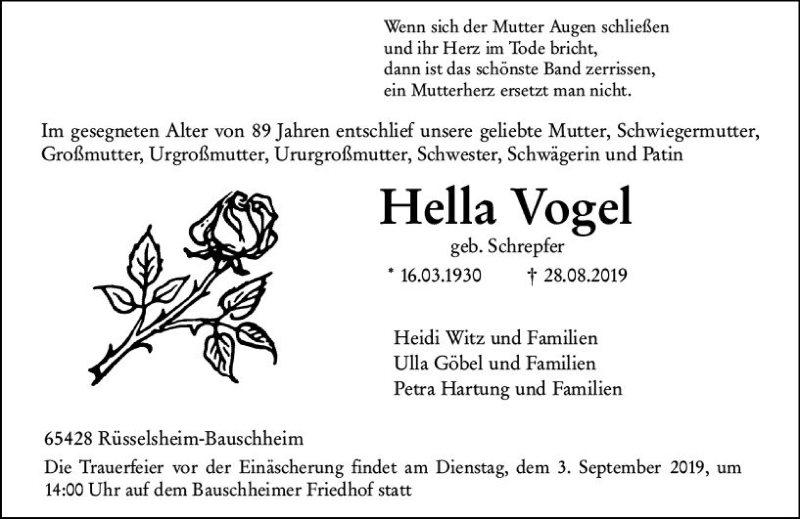  Traueranzeige für Hella Vogel vom 31.08.2019 aus vrm-trauer