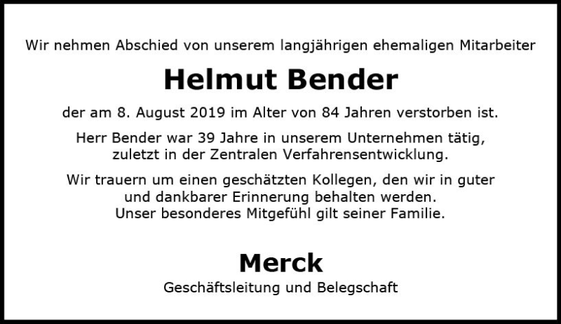  Traueranzeige für Helmut Bender vom 29.08.2019 aus vrm-trauer