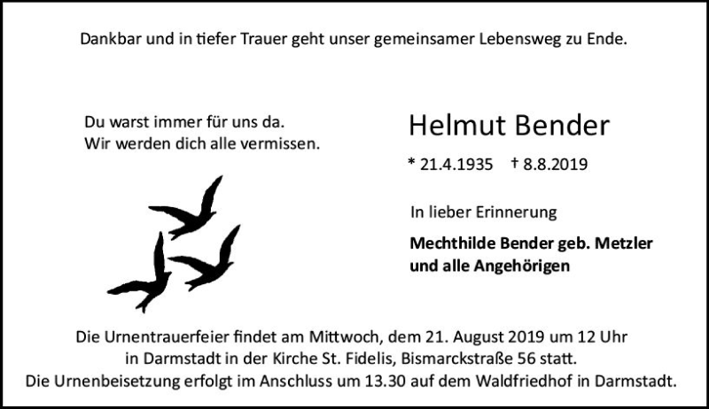  Traueranzeige für Helmut Bender vom 17.08.2019 aus vrm-trauer
