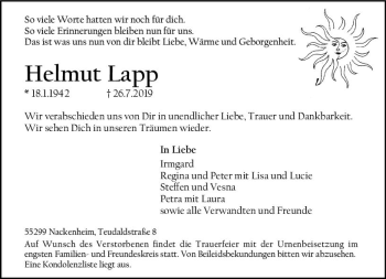 Traueranzeige von Helmut Lapp von vrm-trauer