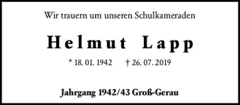 Traueranzeige von Helmut Lapp von vrm-trauer