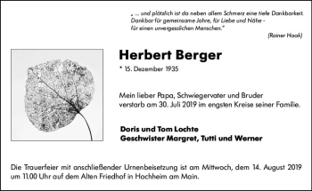 Traueranzeige von Herbert Berger von vrm-trauer