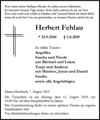 Traueranzeige von Herbert Fehlau von vrm-trauer