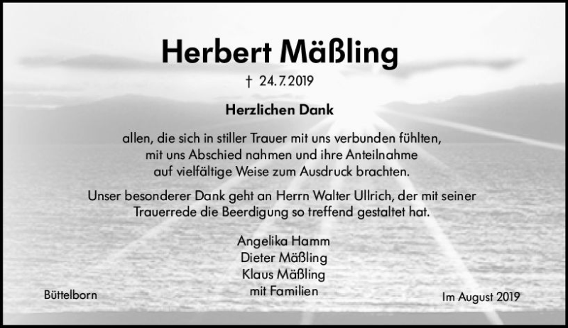  Traueranzeige für Herbert Mäßling vom 24.08.2019 aus vrm-trauer