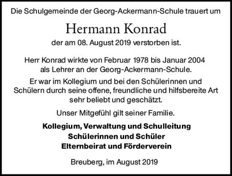  Traueranzeige für Hermann Konrad vom 17.08.2019 aus vrm-trauer