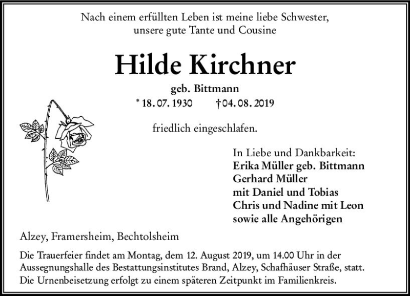  Traueranzeige für Hilde Kirchner vom 08.08.2019 aus vrm-trauer