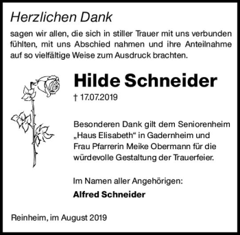 Traueranzeige von Hilde Schneider von vrm-trauer