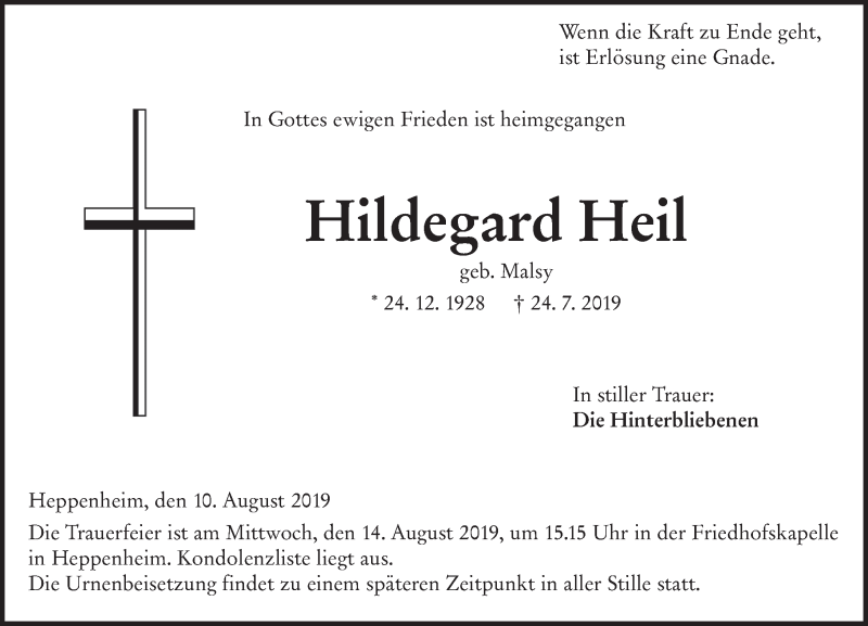  Traueranzeige für Hildegard Heil vom 10.08.2019 aus vrm-trauer