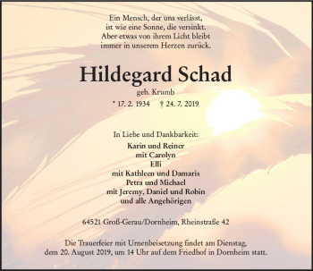 Traueranzeige von Hildegard Schad von vrm-trauer