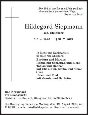 Traueranzeige von Hildegard Siepmann von vrm-trauer