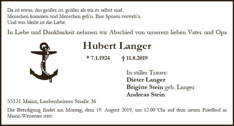  Traueranzeige für Hubert Langer vom 17.08.2019 aus vrm-trauer