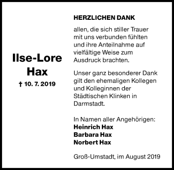 Traueranzeige von Ilse-Lore Hax von vrm-trauer