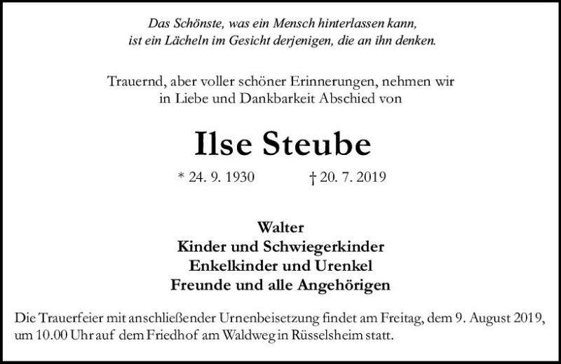  Traueranzeige für Ilse Steube vom 03.08.2019 aus vrm-trauer