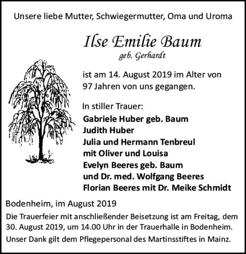  Traueranzeige für Ilse Emilie Baum vom 24.08.2019 aus vrm-trauer