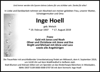 Traueranzeige von Inge Hoell von vrm-trauer