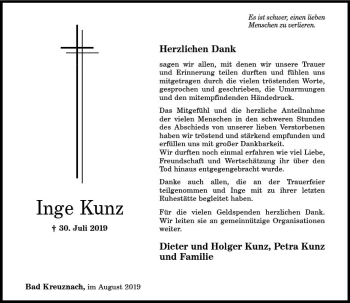 Traueranzeige von Inge Kunz von vrm-trauer