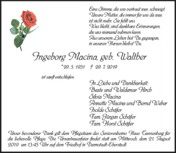 Traueranzeige von Ingeborg Macina von vrm-trauer