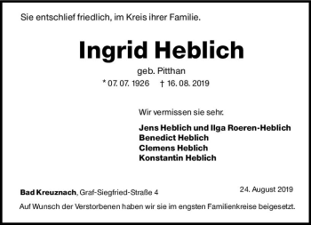 Traueranzeige von Ingrid Heblich von vrm-trauer