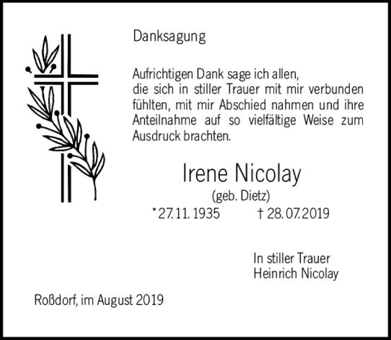  Traueranzeige für Irene Nicolay vom 24.08.2019 aus vrm-trauer