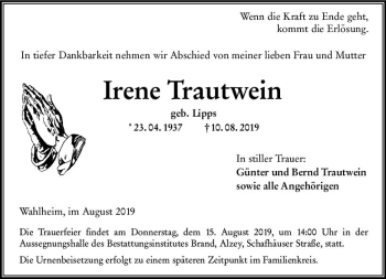 Traueranzeige von Irene Trautwein von vrm-trauer