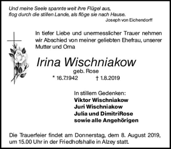 Traueranzeige von Irina Wischniakow von vrm-trauer