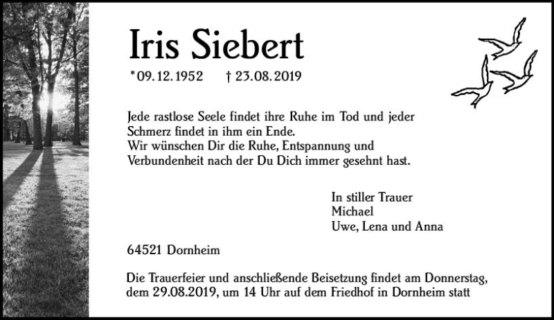  Traueranzeige für Iris Siebert vom 27.08.2019 aus vrm-trauer