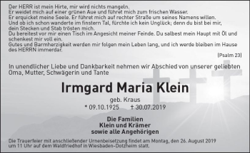 Traueranzeige von Irmgard Maria Klein von vrm-trauer