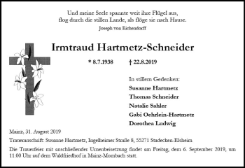 Traueranzeige von Irmtraud Hartmetz-Schneider von vrm-trauer