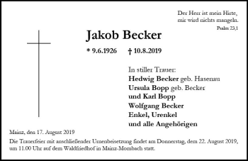 Traueranzeige von Jakob Becker von vrm-trauer