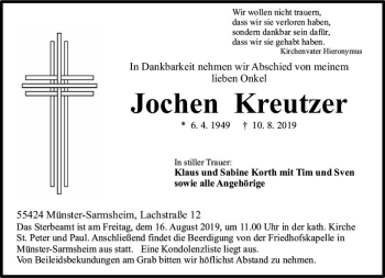 Traueranzeige von Jochen Kreutzer von vrm-trauer